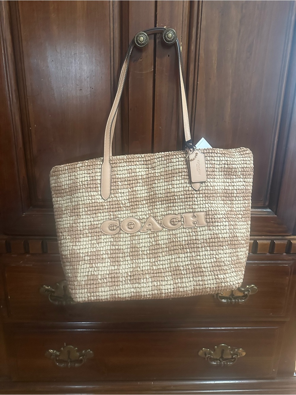 COACH Beige & Cream Woven Tote with Leather Trim